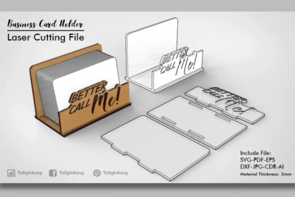 Laser cut business card holder shown in wood and in clear acrylic, with its flat cutting layout