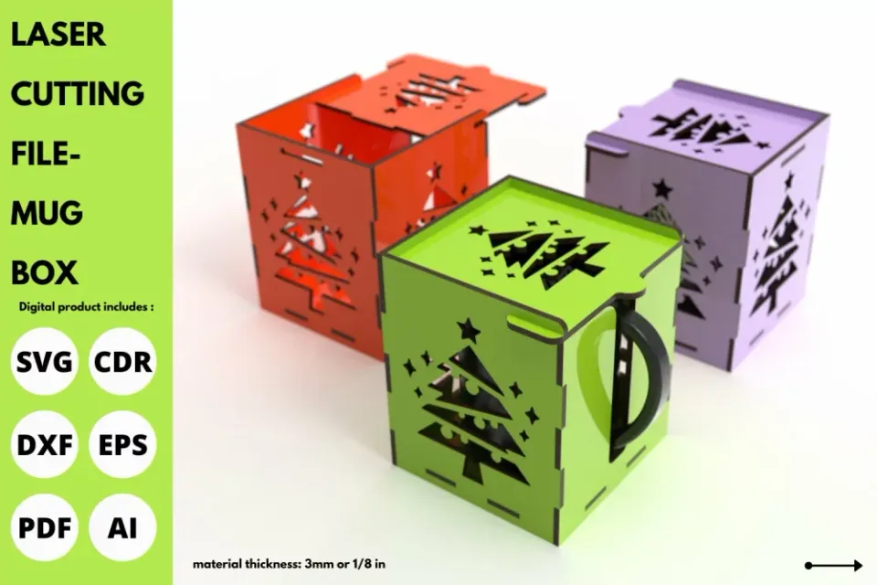 Laser cut Christmas tree mug boxes in red, green and purple with a slot for the mug handle