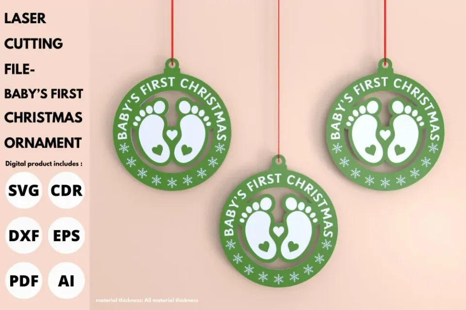 Baby's First Christmas laser cut ornament with baby feet and hearts in green and white layers