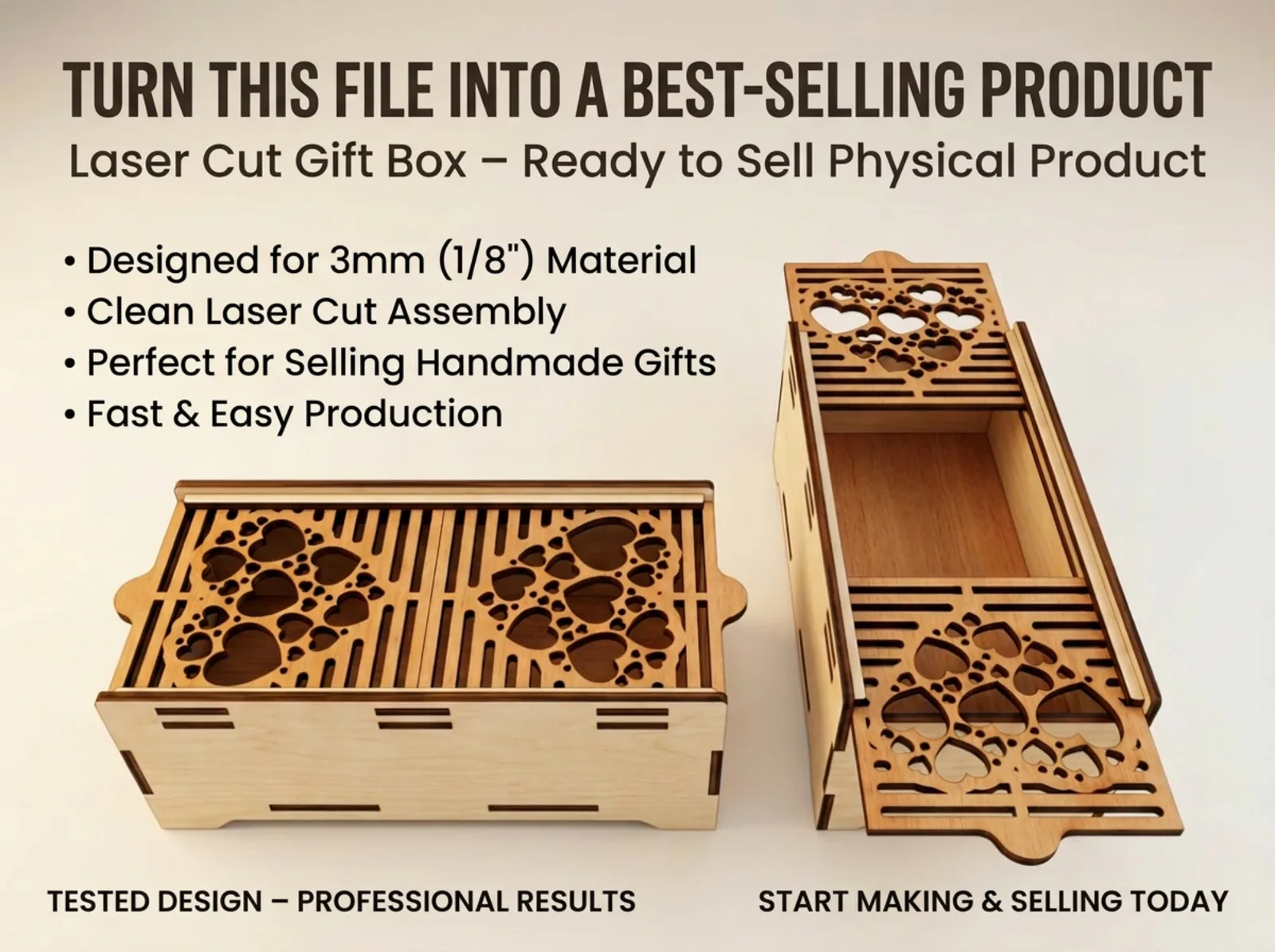 Laser cut box shown assembled and as a flat layout of finger-jointed parts, drawn for 3 mm material with no glue