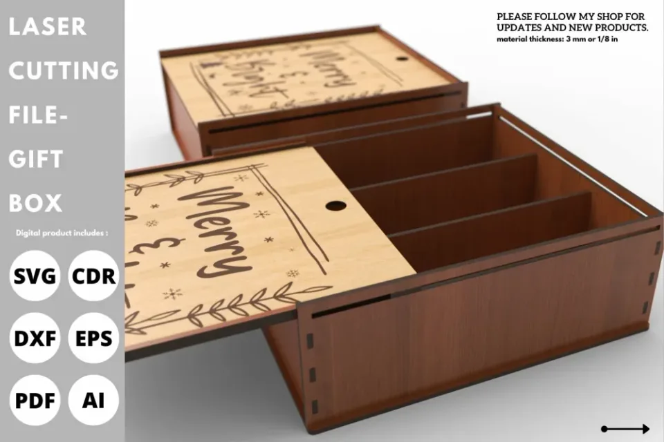 Laser cut Christmas gift box with three dividers and a sliding engraved Merry and Bright lid
