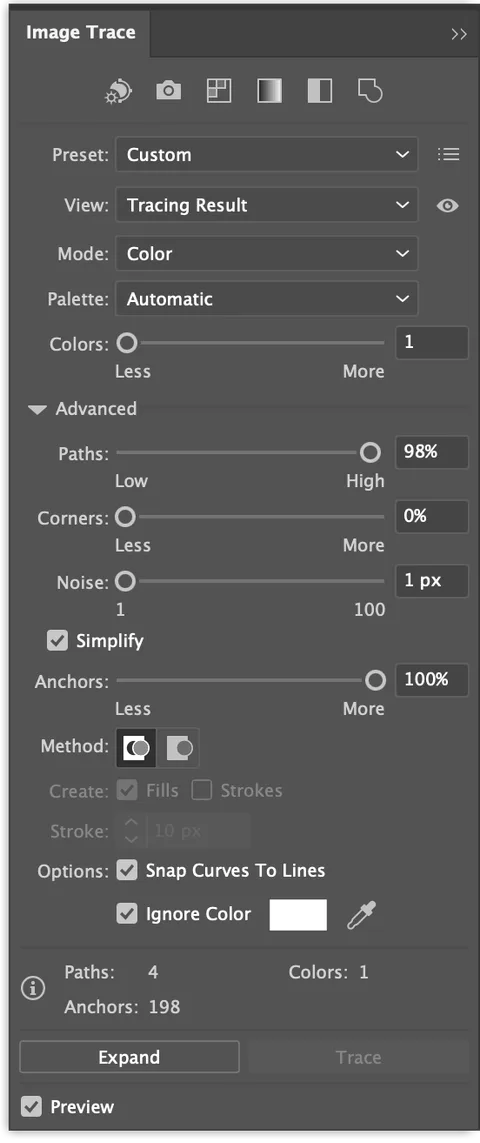 Illustrator Image Trace panel showing Paths, Corners, and Noise sliders and Abutting/Overlapping method options
