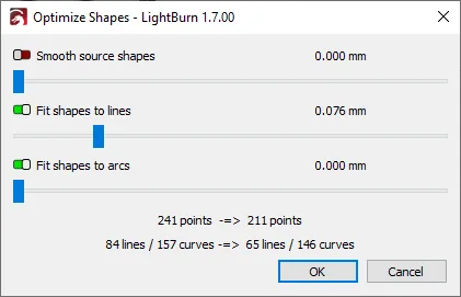 LightBurn Optimize Selected Shapes window showing node-count reduction for traced artwork